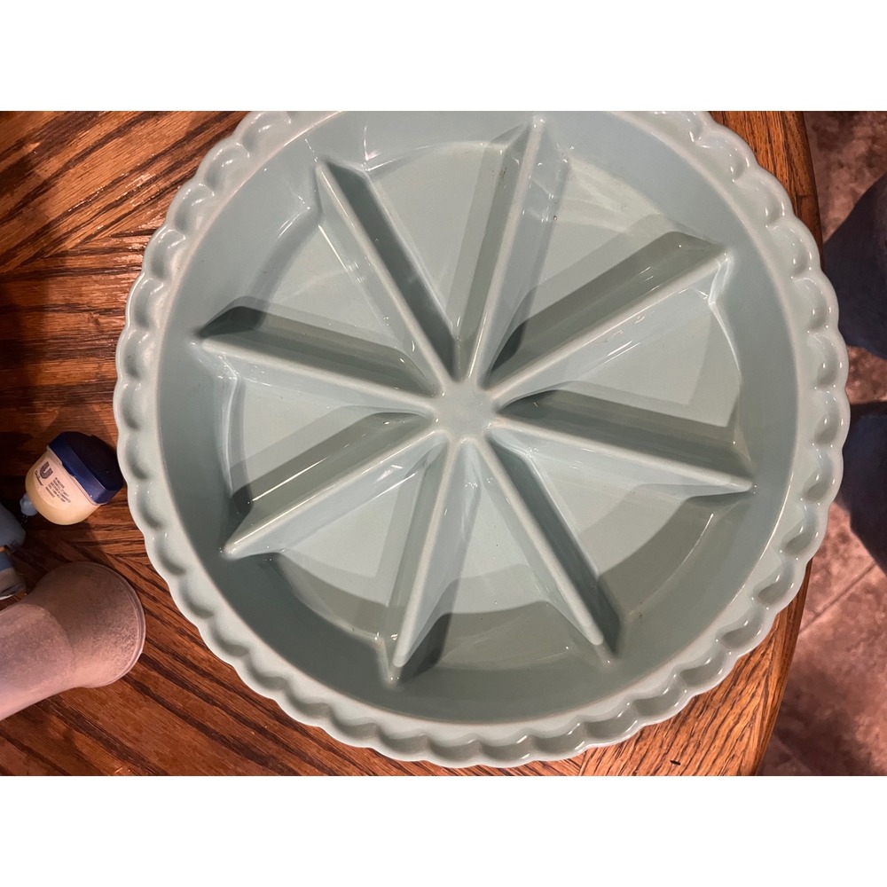 World Market Pie Server Dessert Plate Divided Turquoise‎ Scalloped Edge
